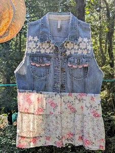 Upcycled XL Blue Denim Vest Floral Lace Applique Butterfly Hippie Boho Festival - Picture 1 of 9