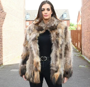 Abrigo de piel de mapache real de lujo para mujer Abrigo de piel real Cuello alto Chaqueta cálida Prendas exteriores 4XL - Imagen 1 de 7