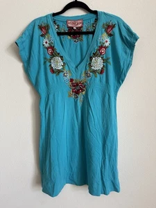 Johnny Was JWLA Tunika Top bestickt Blumen blau Größe XL - Bild 1 von 4