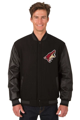 NHL Arizona Coyotes Wool Leather Reversible Jacket Front Patch Logos Black JHD Cover