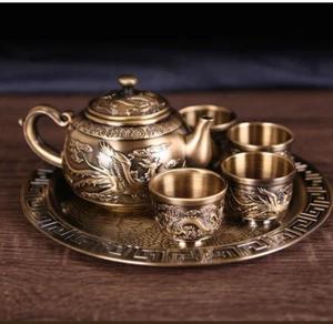 High-grade brass carving dragon and phoenix tea set 1 plate 1 pot 4 cups! - Picture 1 of 9