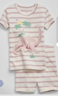 Conjunto de pijama Gap Girl tamanho 4 ano ou 5 anos listrado dinossauro SS 100% algodão novo com etiquetas - Imagem 1 de 2