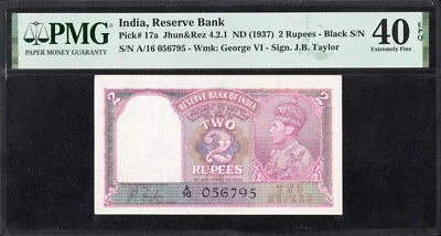 India Británica 2 DOS Rupias P17a 1937 PMG40 EF EPQ HISTÓRICA ATRACTIVA CALIDAD Foto 1 de 2