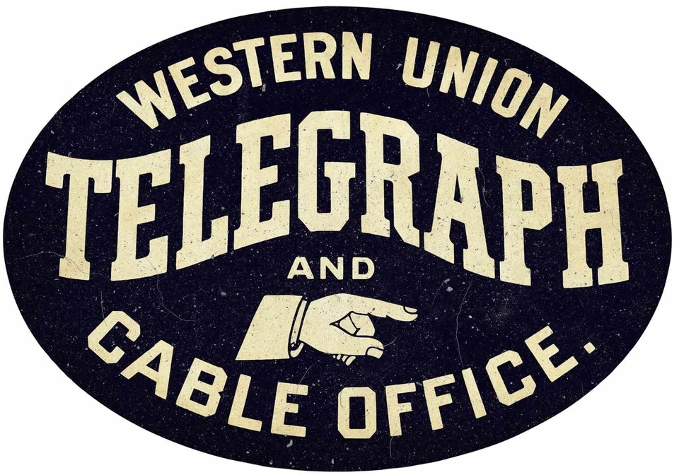 WESTERN UNION TELEGRAPH CABLE OFFICE 32" HEAVY DUTY USA MADE METAL OVAL ADV SIGN - Image 1 of 1