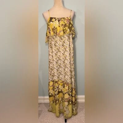 Maxi Vestido Solero Joie Seda Amarillo y Verde Floral Volantes en Niveles Talla L Foto 1 de 4