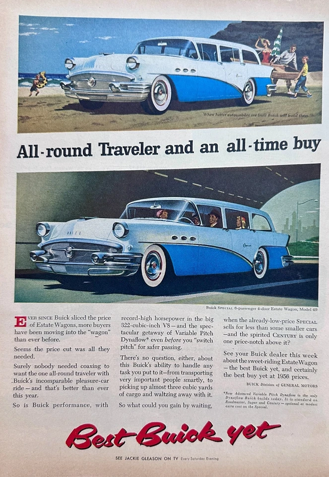 1956 Buick Century Estate Wagon White over Blue Ad #A389 - Image 1 of 1