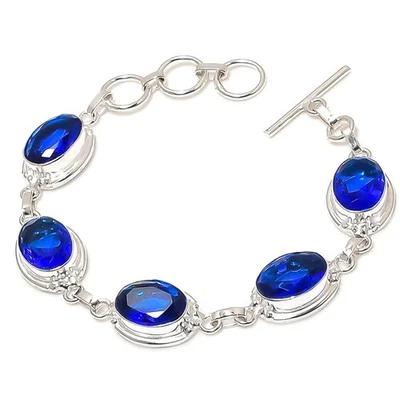 Brazalete de plata de ley 925 con piedras preciosas de zafiro azul hecho a mano tamaño-8" Foto 1 de 3