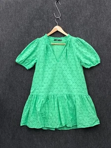 Sportsgirl Womens Size 8 Mini Dress Lime Green Broderie Anglaise Lined V-Neck - Picture 1 of 10