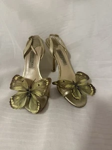 Up-cycled Jimmy Choo Orchid flower Heels shoes pumps sandals 39 9 gold leather - Picture 1 of 7