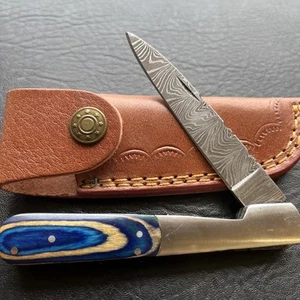 BLUE  WOOD HANDLE  DAMASCUS   POCKET KNIFE - Picture 1 of 6