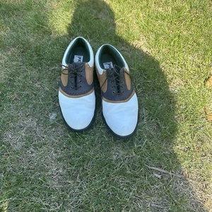 Mens Vntg Florsheim Frogs Golf Shoes Saddle Oxfords Tan/White Leather sz 10.5 - Picture 1 of 11