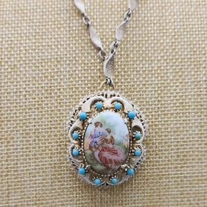 Vintage Florenza Courting Couple White Faux Turquoise Pendant Brooch Necklace - Picture 1 of 12