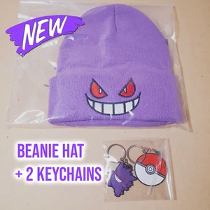 Gengar Beanie Mütze + 2 Pokemon Schlüsselanhänger ⭐️ süß lila Plüsch Mütze Herren Damen Kinder - Bild 1 von 10