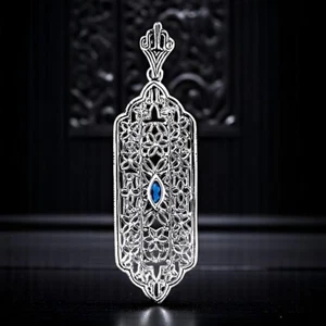 GENUINE SAPPHIRE 925 STERLING SILVER DECO ANTIQUE STYLE FILIGREE PENDANT #981 - Picture 1 of 2