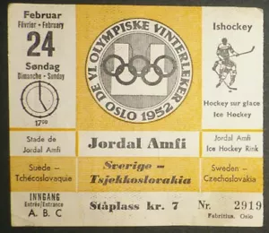 1952 WINTER OLYMPIC GAMES Oslo Norway Ticket Ice Hockey Sweden - Czechoslovakia - Picture 1 of 4