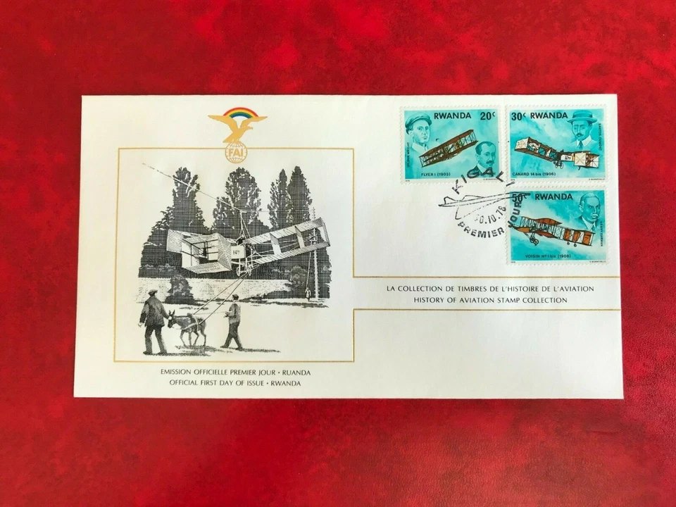 RWANDA 1978 FDC FAI AVIATION WRIGHT BROTHERS FLYER DUMONT CANARD FARMAN VOISIN - Image 1 of 1