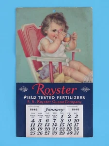 Calendario de pared original vintage 1948 Royster Guano Co. Linda chica con juguetes rasgados - Imagen 1 de 4