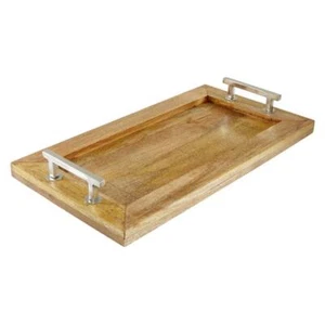 Litton Lane Serving Tray Rustic Dark Brown Mango Wood Decorative Steel Handles - Picture 1 of 6