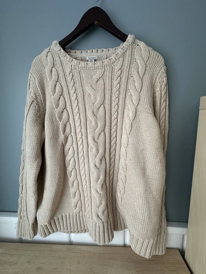 LL Bean Mujer’s Suéter Pescador 100% Algodón Grueso Cable Tejido Crema Talla 2X Foto 1 de 4