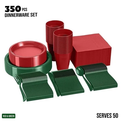 350 Pc Red & Green Plastic Christmas Party Tableware Dinnerware Set for 50 Guest - Image 1 of 4