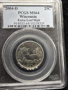 2004-D 25C Wisconsin State Extra LEAF HIGH Washington Quarter PCGS MS64 Coin - Picture 1 of 11