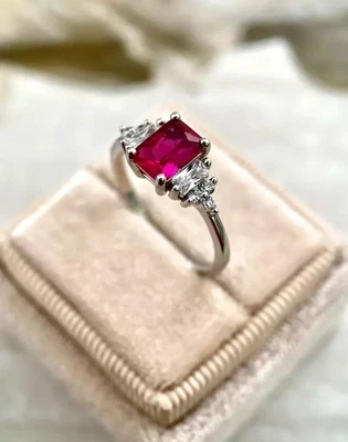 3.10 Ct Emerald Cut Natural Ruby & Diamond Engagement Ring 14K Solid White Gold - Image 1 of 4