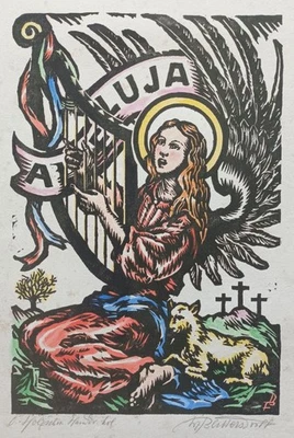 Alleluja musizierender Engel - von Blittersdorff kol. Holzschnitt Handabzug 1940 - Bild 1 von 4