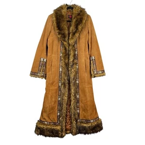 Gallery Penny Lane Coat Medium Suede Leather Faux Fur Embroidered Boho Hippie - Picture 1 of 15
