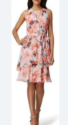 Vestido Tahari ASL Sin Mangas Rosa Melocotón Floral Gasa Corbata Cintura En Niveles Pascua 4 Foto 1 de 4