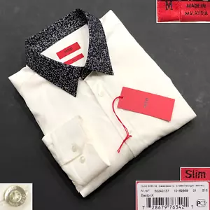 CAMICIA ABITO HUGO BOSS RED NUOVA $195 SLIM FIT COLLETTO CONTRASTO BIANCO COTONE US TAGLIA M - Foto 1 di 14