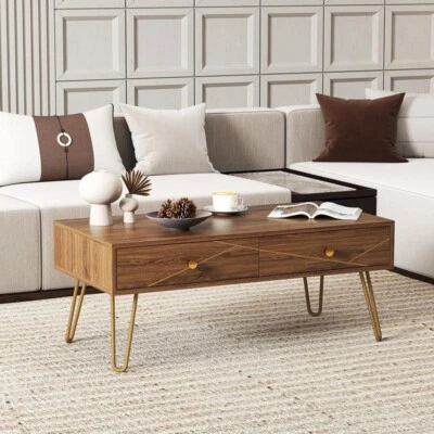 Modern Coffee Table with Storage Drawers & Gold Legs – 100cm, Brown - Image 1 of 4