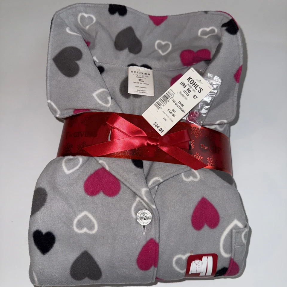 Women’s Sonoma Missy Sleep Lounge XL Gray Matching Pajama Set With Hearts NWT - Image 1 of 4
