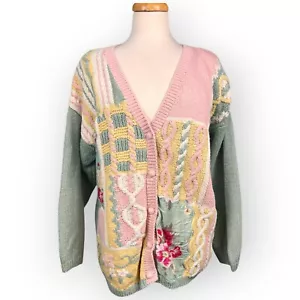 Maglione donna patchwork Cervelle maglia cavo grande ricamato Grannycore vintage - Foto 1 di 19
