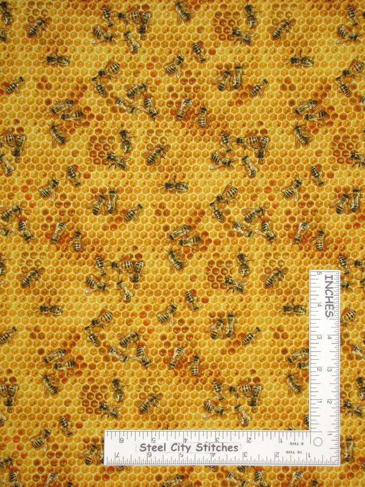 Bee Honeycomb Bees Realistic Buzzing Yellow Black Cotton Fabric 7 in Scrap Cut