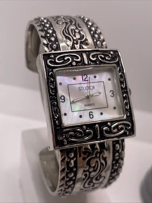 Studio Time  Womens Mop Dial Silver Cuff Bangle Watch Works New Battery - Image 1 of 4