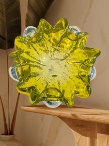 Murano Yellow Bullicante Controlled Bubble Fluted Bowl Or Ashtray 7"   - Picture 1 of 2