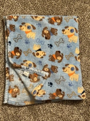 HTF Cutie Pie Blue Puppy Dog Bone Paw Print Baby Blanket - Image 1 of 4