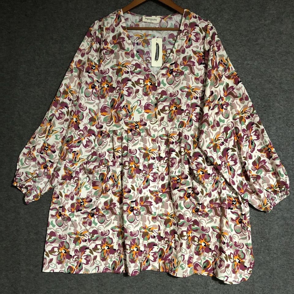 Vestido Impressions Mujer 2XL Púrpura Multicolor Floral Manga Larga Bolsillos Boho Foto 1 de 4