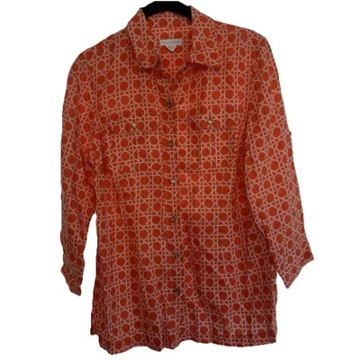 Top Charter Club Mujer Lino Botón Talla 6 Rojo Naranja Mangas 3/4 Vacaciones Foto 1 de 4