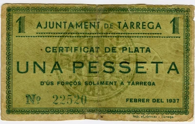 # SPAIN CIVIL WAR 1937 • TARREGA 1 PTA. MUNICIPAL ☆ GUERRA CIVIL ESPAÑOLA ☆D1708 - Image 1 of 2