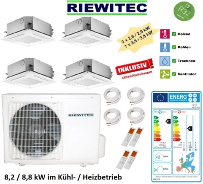 Quattro Deckeneinbaukassette 3x2,6kW 1x3,5kW Split Klimaanlage 8,2KW, 4x5m Leit. - Bild 1 von 4