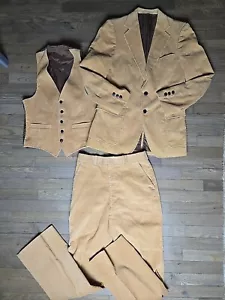 Vtg 60 70 Corduroy Tan Suit Sz 38 Blazer Vest 30 Pants Western Pleated Hippie - Picture 1 of 21