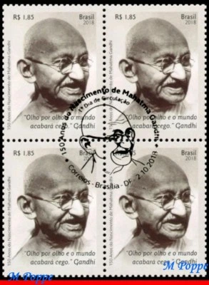 3380 BRAZIL 2018 MAHATMA GANDHI, STAMPED BLOCK OF 1ST DAY, CANCELED NH - Image 1 of 2