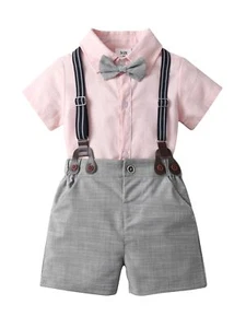 Baby Boy Shorts Set Infant Shirt Bow Tie Suspenders Summer Toddler Outfit - Picture 1 of 6