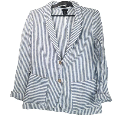 Tahari 100% Linen Double Button Blazer Womens S Striped Nautical Beachy Coastal - Image 1 of 4