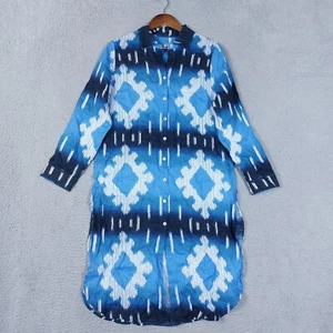 Chico’s Dress Shirt Women 4/6 Blue Geometric 100% Linen Tie Dye Side Slits Woven - Picture 1 of 13