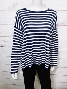 Eileen Fisher Womens Sweater Size L White & Blue Striped 100% Organic Linen - Picture 1 of 6