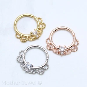 SIMULATED DIAMOND SILVER 14K YELLOW ROSE GOLD IP NOSE SEPTUM CARTILAGE HOOP RING - Picture 1 of 11