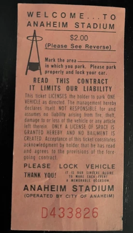 Angels Anaheim Stadium Parking Ticket Vintage 1970's Cover