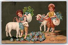 PFB Holiday~Happy Easter~Children w/Egg Baskets & Sheep~Relief Postcard